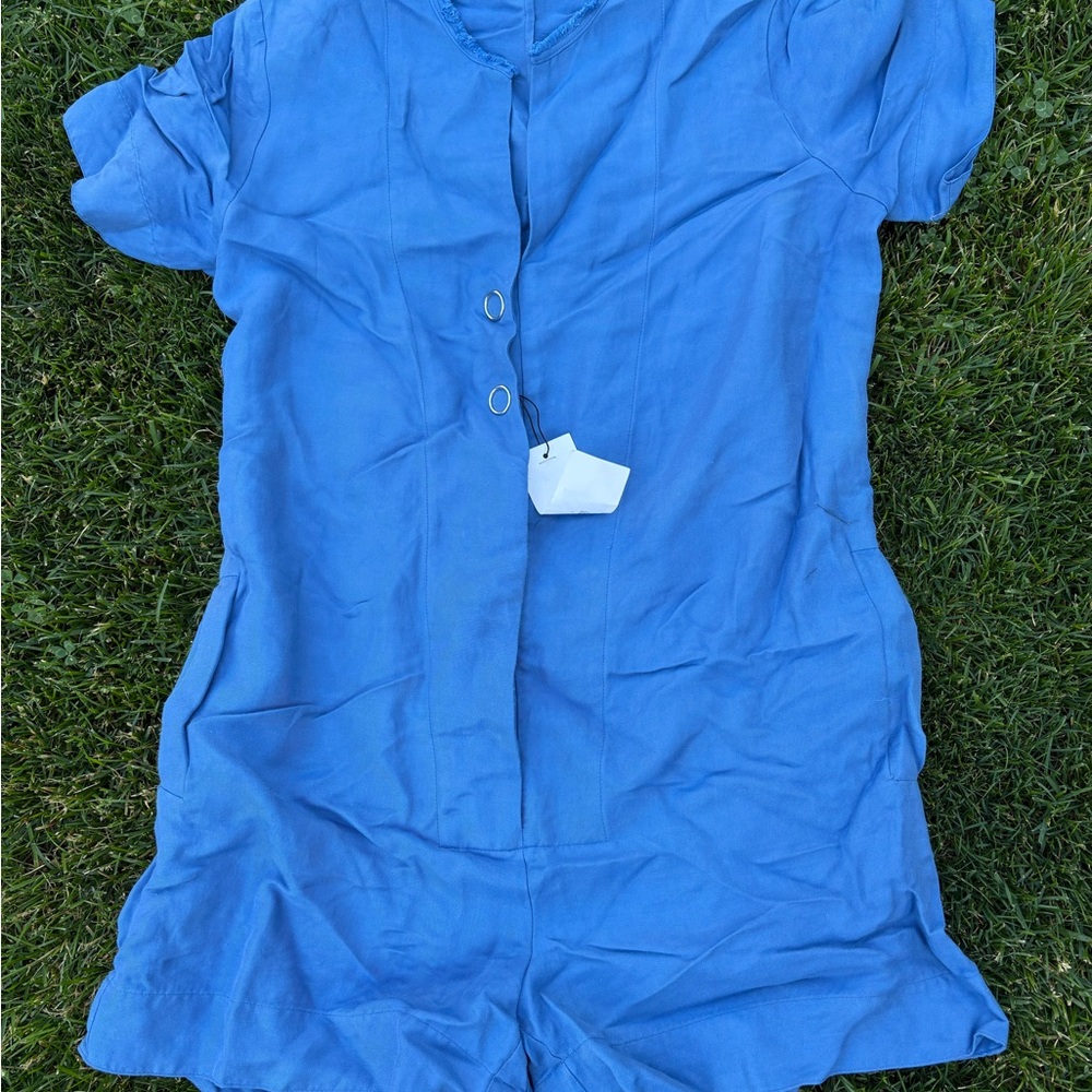 Sandro Paris Bright Blue Frayed Neck Romper